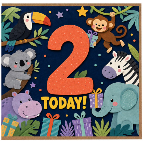 2nd Birthday Card, Cute Jungle Animals Today Card