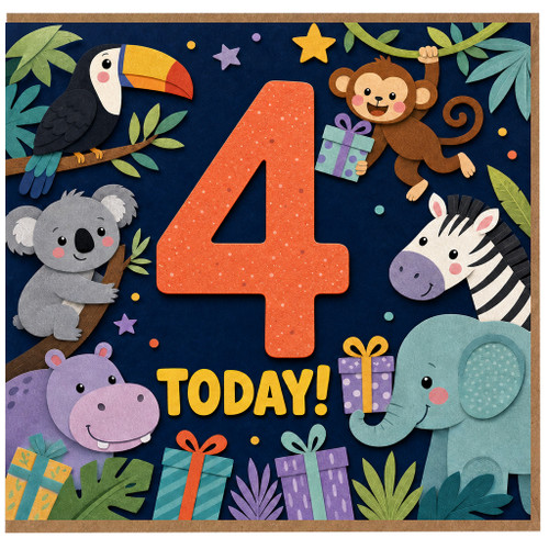 4th Birthday Card, Jungle Safari Animals, 4 Today!