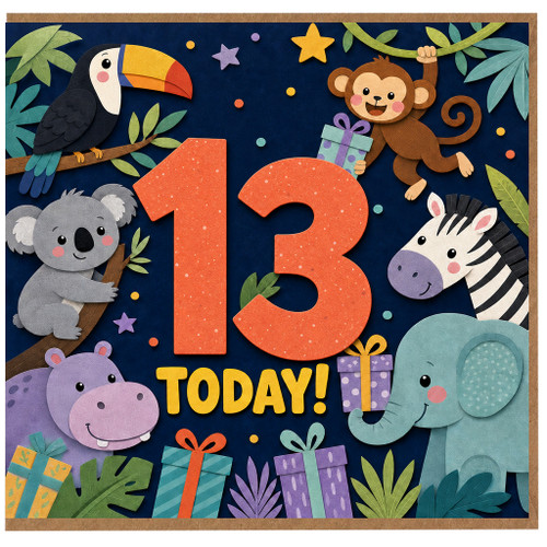 13th Birthday Card, Jungle Animals Today Design