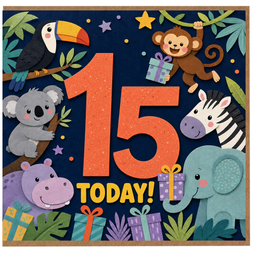 15th Birthday Card, Jungle Animals Today!