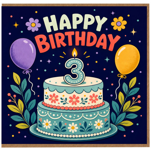 3rd Birthday Card, Happy Birthday Cake and Balloons Card