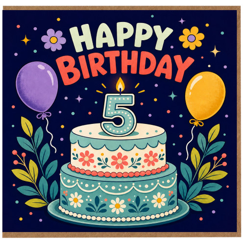 5th Birthday Card, Happy Birthday Cake and Balloons Design