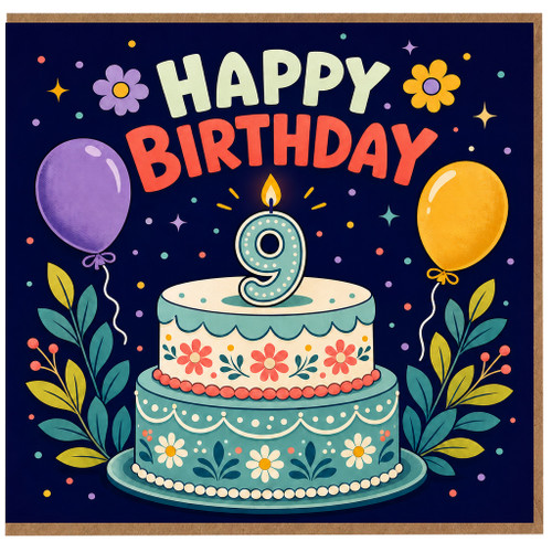 9th Birthday Card, Happy Birthday Cake and Balloons Card