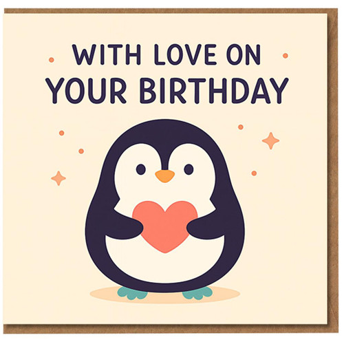 Cute Penguin With Love on Your Birthday Card - Adorable Penguin Holding Heart - Sweet Birthday Card for Him, Her, Kids or Friends - Blank Inside