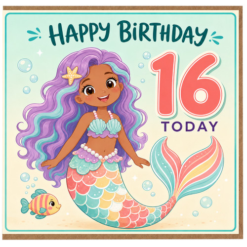 16th Birthday Card, Mermaid Birthday Card for 16 Year Old Girl