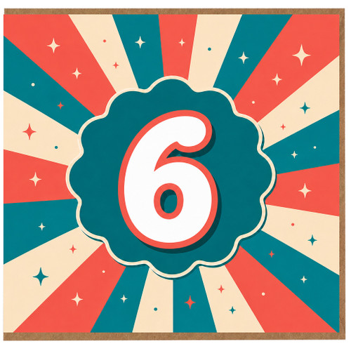 6th Birthday Card, Retro Sunburst Number 6 Card