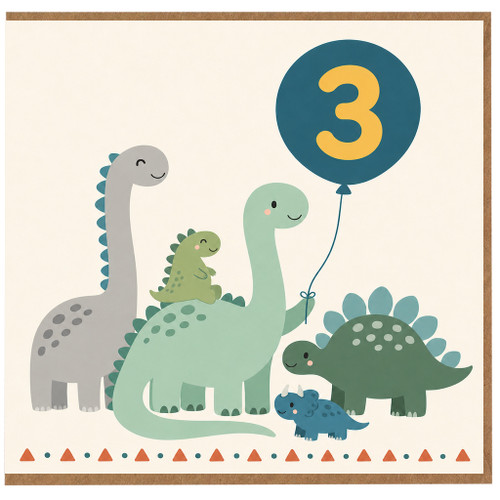 3rd Birthday Card, Cute Dinosaur Family Balloon Design