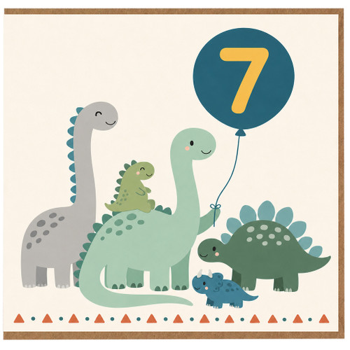 7th Birthday Card, Cute Dinosaur Birthday Card