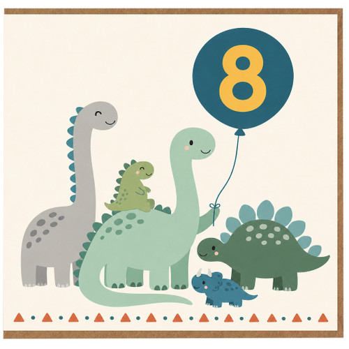 8th Birthday Card, Cute Dinosaur Balloon Design