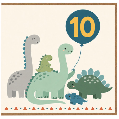 10th Birthday Card, Cute Dinosaur Balloon Design