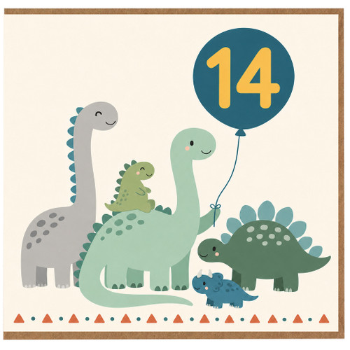 14th Birthday Card, Cute Dinosaur Family Balloon Card