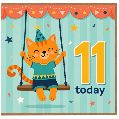 11th Birthday Card, Cute Cat on Swing