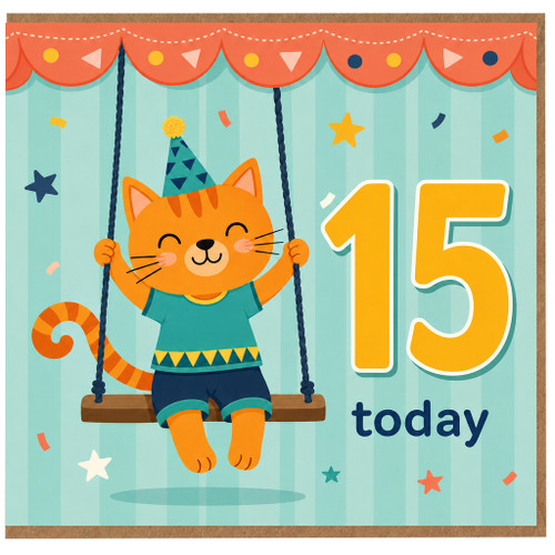 15th Birthday Card, Cute Cat on Swing Today