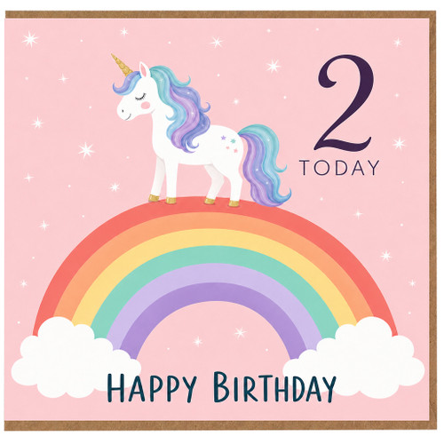 2nd Birthday Card, Unicorn and Rainbow Happy Birthday Card