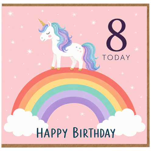 8th Birthday Card, Unicorn Rainbow Happy Birthday Card