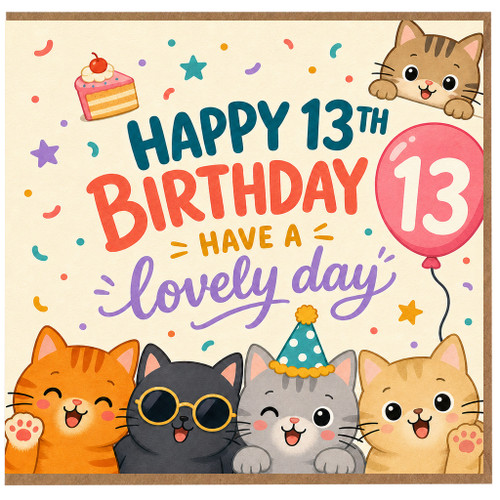13th Birthday Card, Cute Cat Birthday Card, Happy 13th Birthday Have a Lovely Day