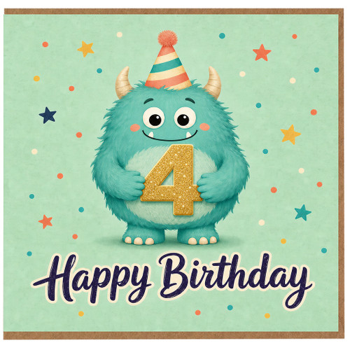 4th Birthday Card, Cute Monster Happy Birthday Card