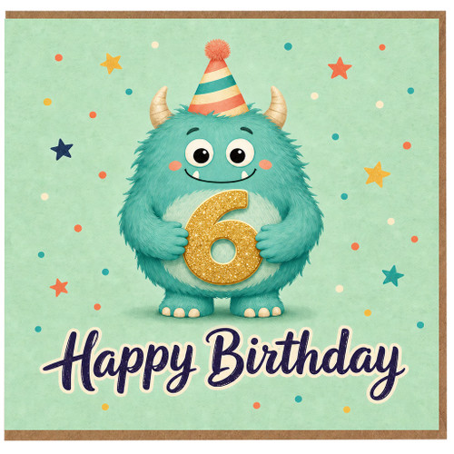6th Birthday Card, Cute Monster With Party Hat