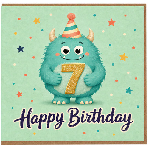 7th Birthday Card, Cute Monster Happy Birthday Card