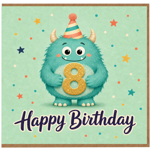 8th Birthday Card, Cute Monster Happy Birthday Card
