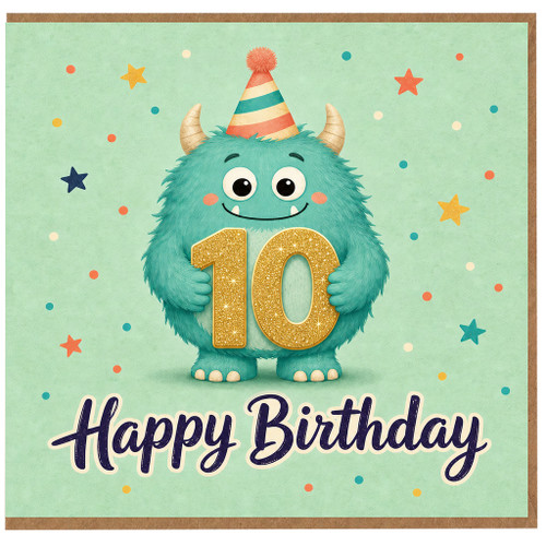 10th Birthday Card, Cute Monster Happy Birthday Card