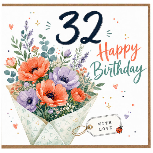32nd Birthday Card, Floral Happy Birthday Card With Love