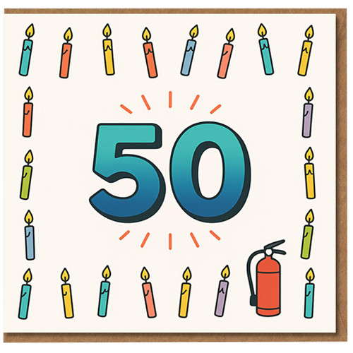 50th Birthday Card Funny - Big 50 with Candles and Fire Extinguisher - Humorous Milestone Card for Family and Friends