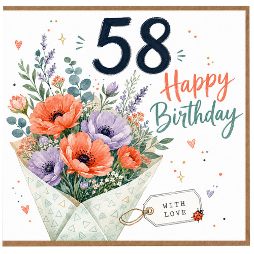 58th Birthday Card, Happy Birthday Floral Bouquet Card