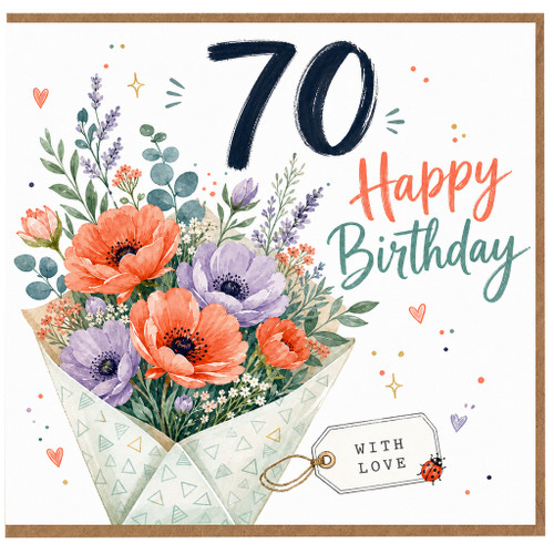 70th Birthday Card, Happy Birthday Floral Bouquet Card, With Love
