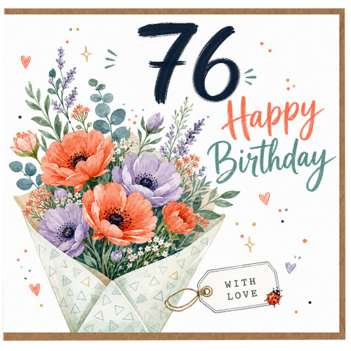 76th Birthday Card, Floral Bouquet Happy Birthday Card With Love
