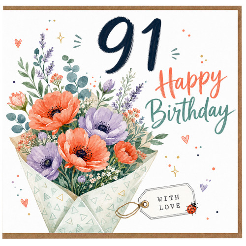 91st Birthday Card, Floral Happy Birthday Card