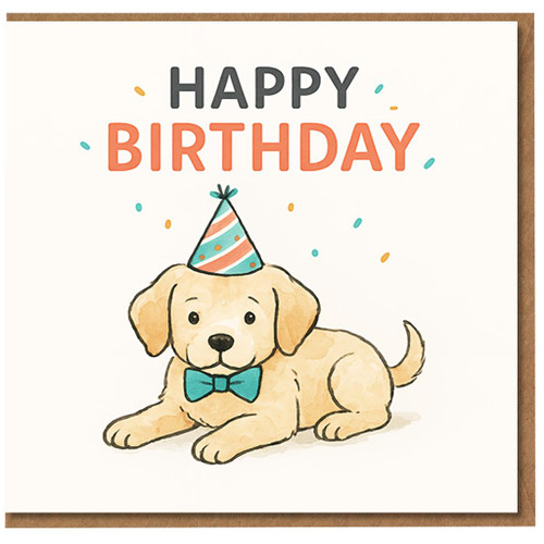 Happy Birthday Puppy Card - Cute Dog in Party Hat & Bow Tie - For Dog Lovers, Kids or Adults - Fun Pet Greeting - Blank Inside - A6 Card with Envelope