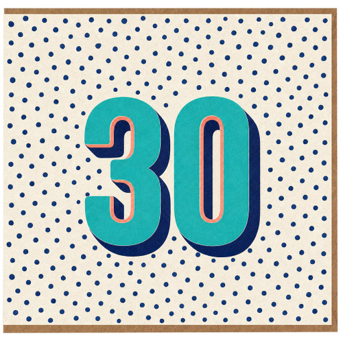 30th Birthday Card, Bold Retro Number 30 Polka Dot Design
