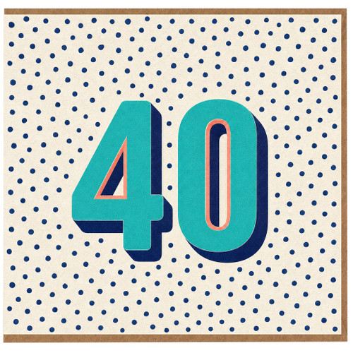 40th Birthday Card, Bold Turquoise Number 40 on Polka Dot Background
