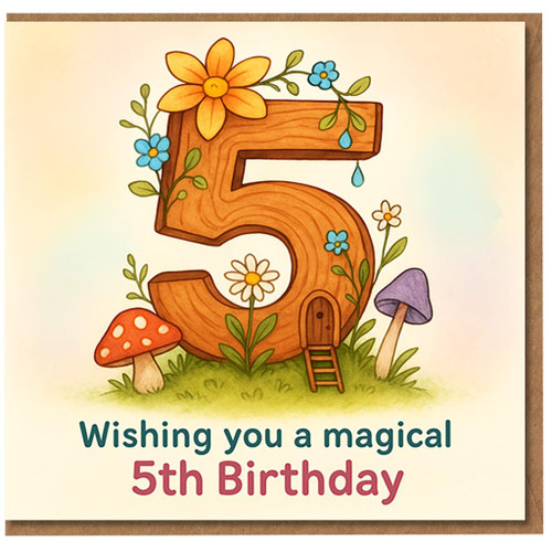 Cute Woodland Fairy 5th Birthday Card for Kids - Magical Number 5 with Flowers and Toadstools