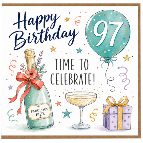 97th Birthday Card, Happy Birthday Time to Celebrate Card with Balloon, Fizz Bottle and Gifts