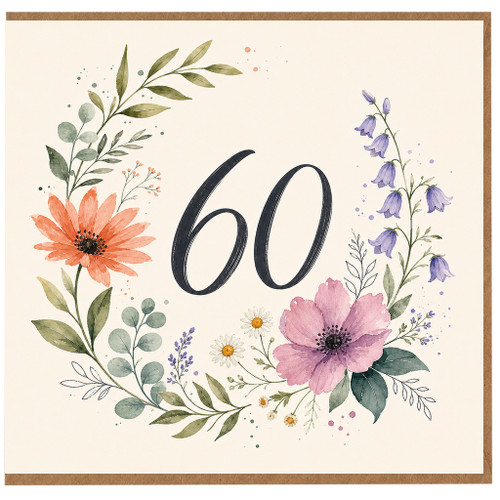 60th Birthday Card, Floral Wreath