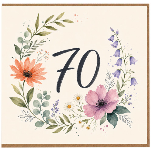 70th Birthday Card, Floral Wreath Number 70 Card