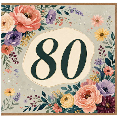 80th Birthday Card, Floral Watercolour Design
