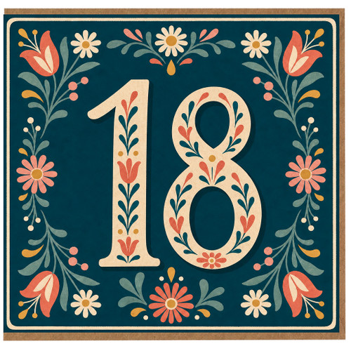 18th Birthday Card, Floral Vintage Style Number 18 Card
