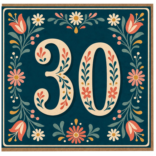 30th Birthday Card, Retro Floral Number 30 Design