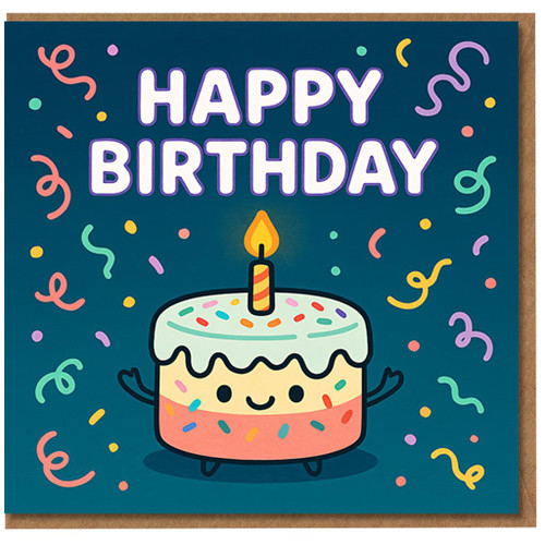 Cute Birthday Card - Happy Birthday Cake With Candle and Confetti - Fun Cartoon Celebration Card for Kids or Adults - Blank Inside - A5 with Envelope