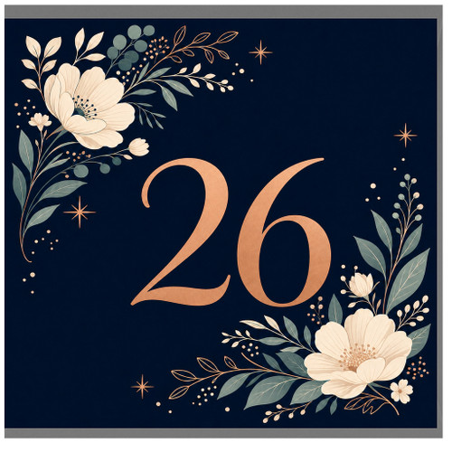 26th Birthday Card, Floral Navy Blue Copper Number Design