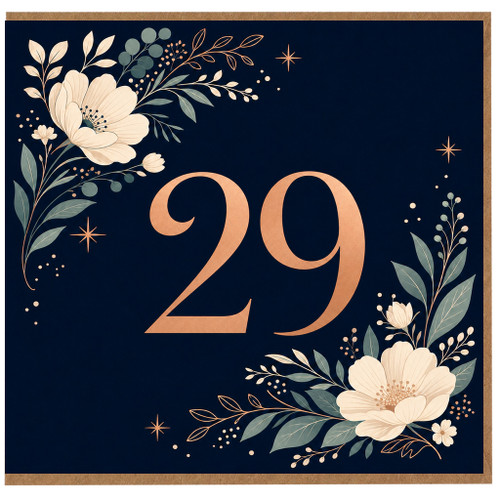 29th Birthday Card, Elegant Floral Navy and Copper Number 29 Card