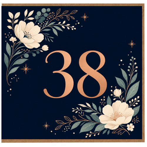 38th Birthday Card, Floral Navy and Rose Gold Style