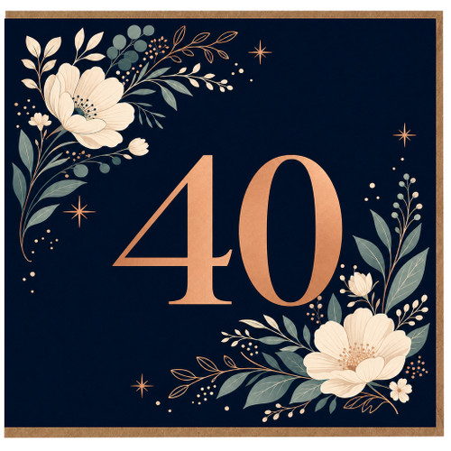 40th Birthday Card, Elegant Floral Botanical Navy Gold Number 40