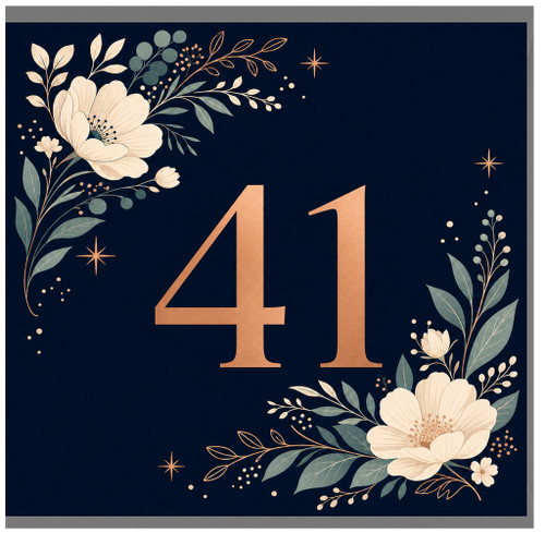 41st Birthday Card, Floral Navy and Copper Number 41 Card
