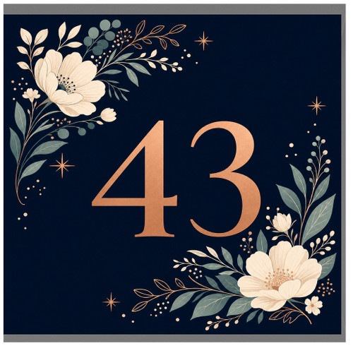 43rd Birthday Card, Elegant Floral Navy and Copper Number 43 Card