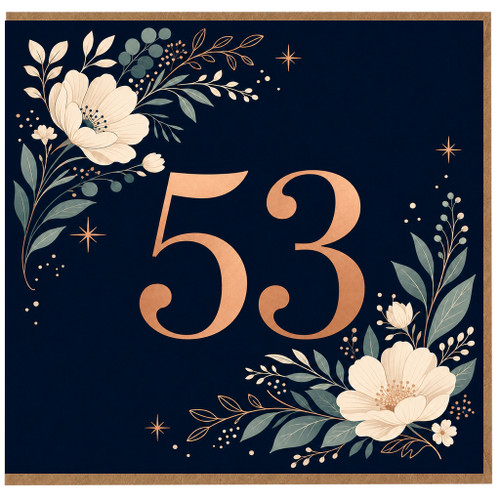 53rd Birthday Card, Floral Navy and Gold Number 53 Birthday Card