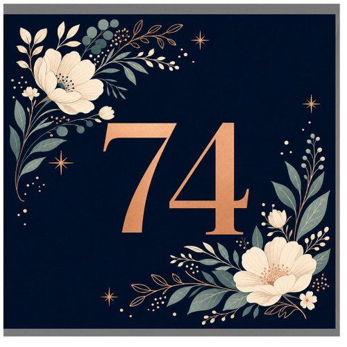 74th Birthday Card, Floral Navy Number 74 Card
